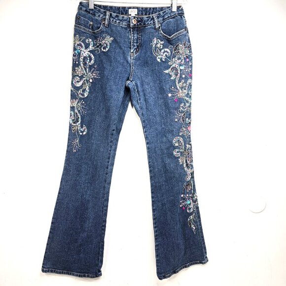 Vintage Cache Embellished Y2K 90s Low Rise Boot Cut Denim Jeans 34" Inseam - Picture 1 of 10
